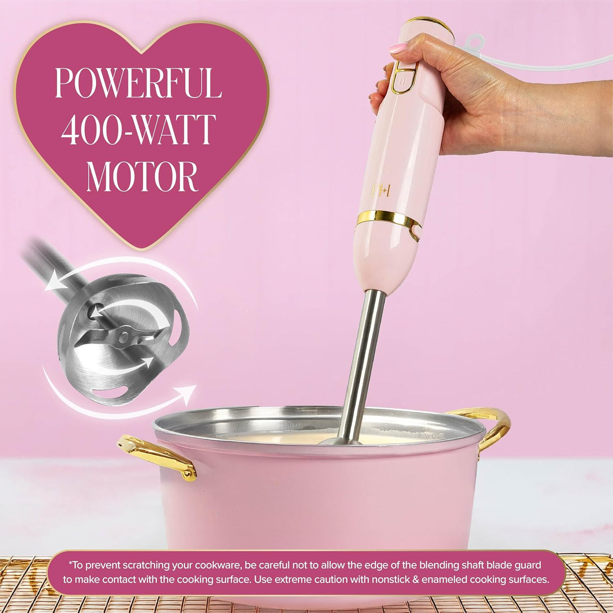 Paris Hilton Hand Blender Set, 3-in-1 Immersion Blender with Whisk, Blending & Chopper Attachments, 400W High Speed, Pink with Gold Accents, Handheld Blender for Smoothies, Soups, Sauces, Cream, Pink