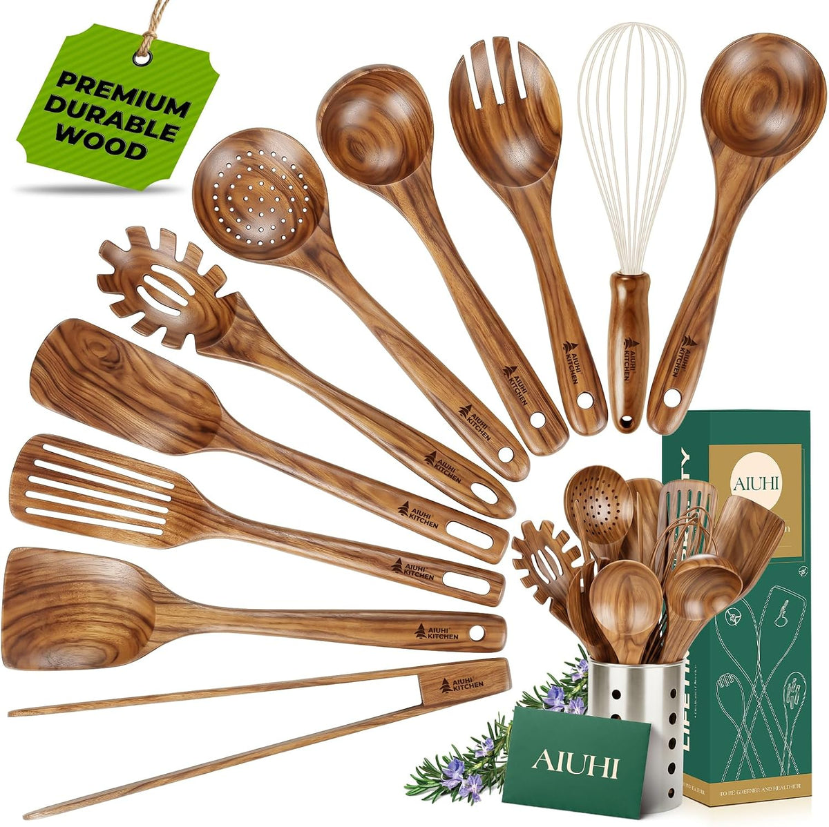 AIUHI 11-Piece Natural Teak Wood Kitchen Utensil Set with Holder, Wooden Spoons and Cooking Utensils for Nonstick Cookware, Includes Spatulas, Ladle and Whisk