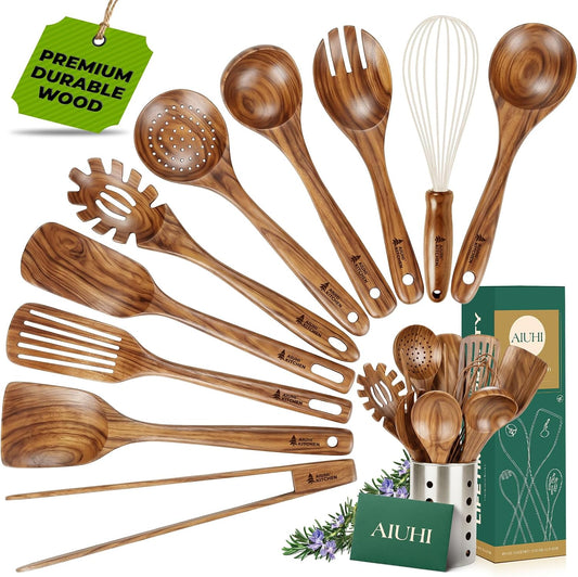 AIUHI 11-Piece Natural Teak Wood Kitchen Utensil Set with Holder, Wooden Spoons and Cooking Utensils for Nonstick Cookware, Includes Spatulas, Ladle and Whisk