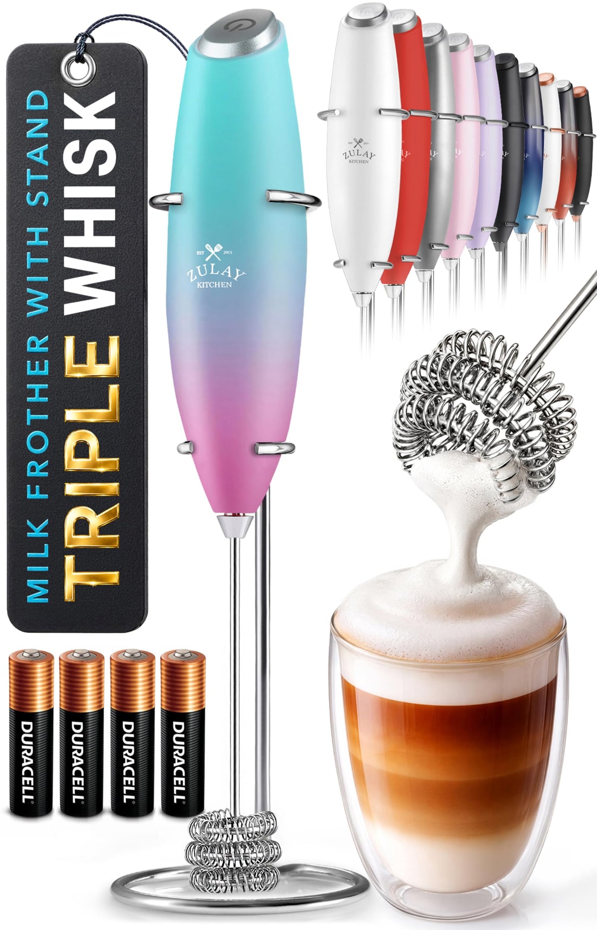 Zulay Kitchen Powerful Milk Frother Wand With Duracell Batteries - Ultra Fast Handheld Drink Mixer - Electric Whisk Foam Maker for Coffee, Lattes, Cappuccino & Matcha - Z1 Motor - Black