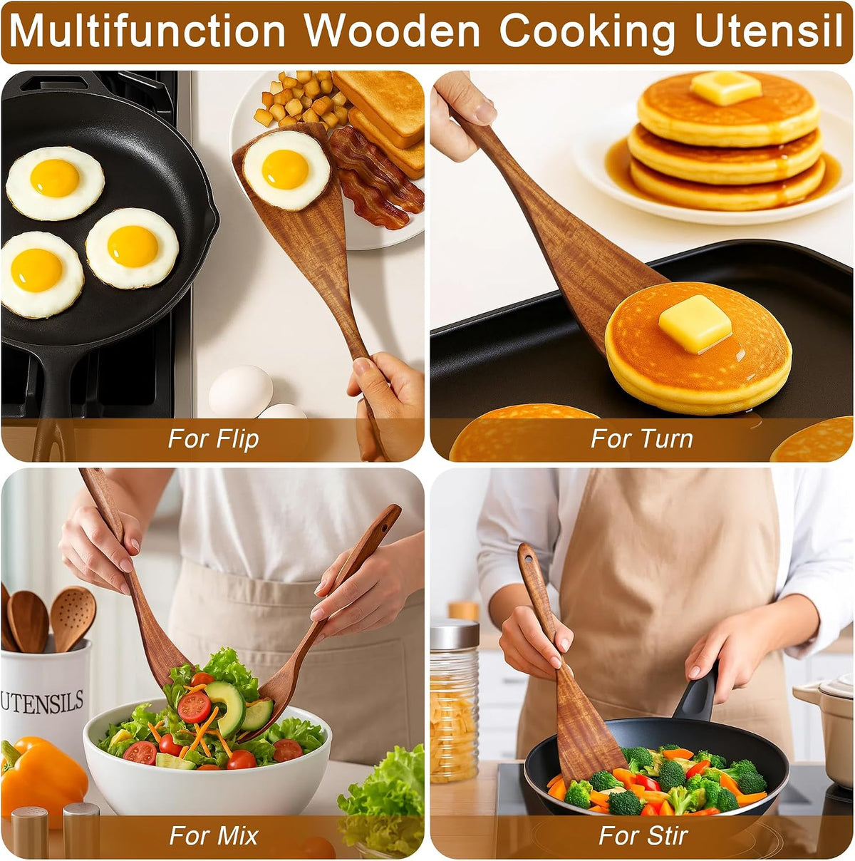 Jilla-hla Wooden Spatula Nonstick Turner Acacia Wood, Long Handle Flat Frying Spatulas Handmade for Kitchen Gifts, Ideal Cookware Utensils for Cooking Eggs, Fish, Pancakes
