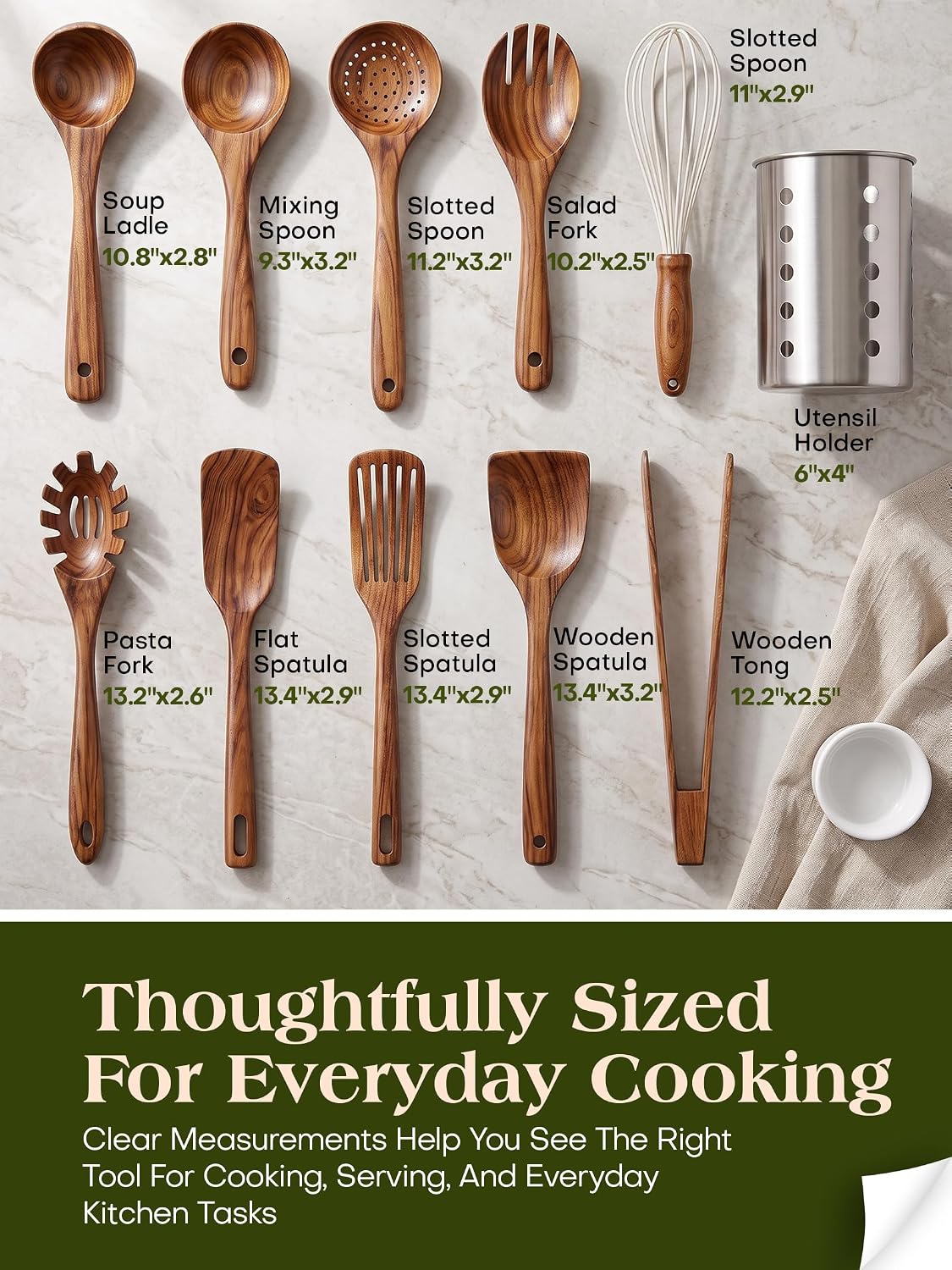 AIUHI 11-Piece Natural Teak Wood Kitchen Utensil Set with Holder, Wooden Spoons and Cooking Utensils for Nonstick Cookware, Includes Spatulas, Ladle and Whisk