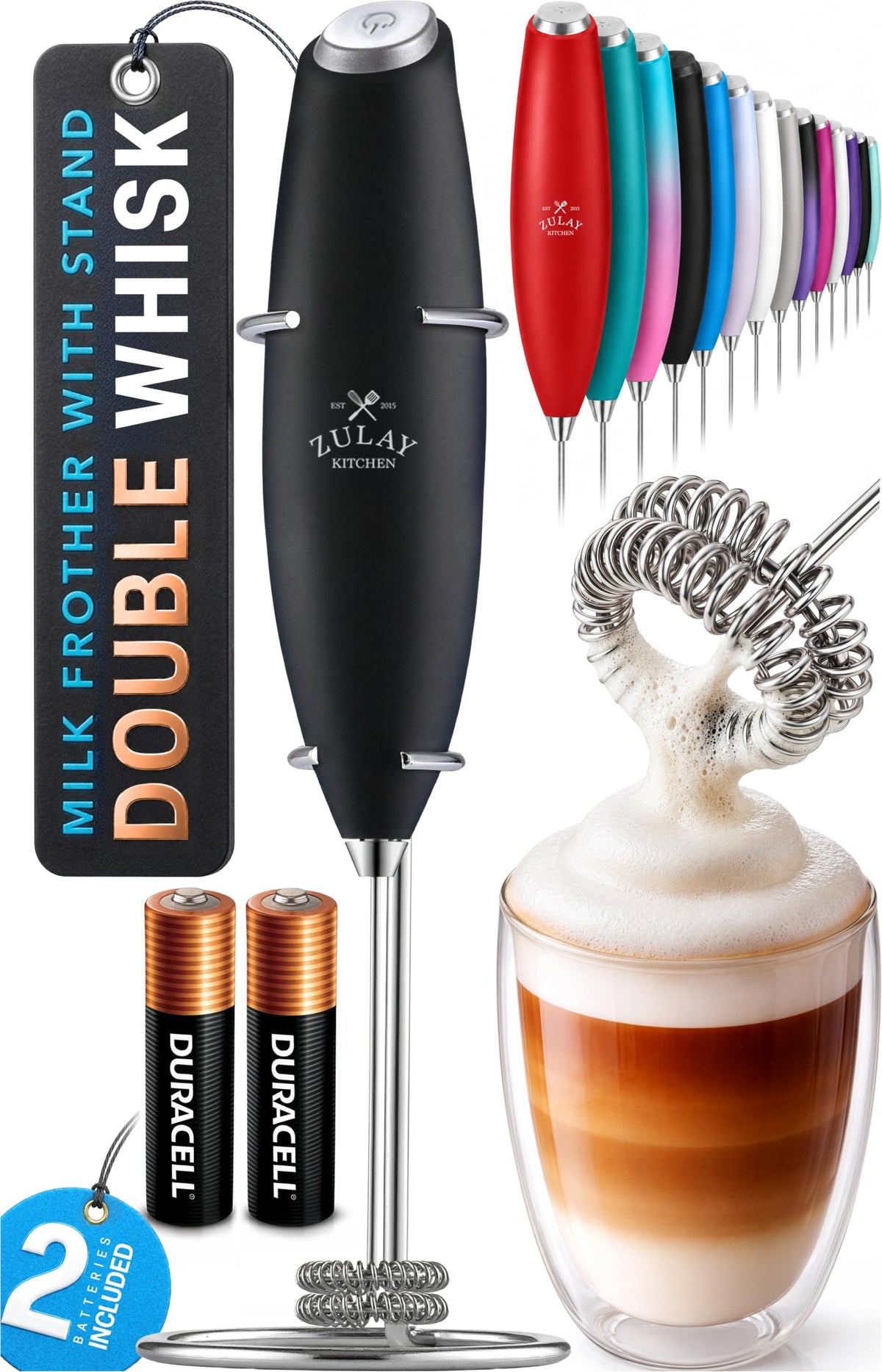 Zulay Kitchen Rechargeable Milk Frother Handheld - Frother Wand, Drink Mixer, Electric Whisk Frother, for Cappuccinos, Matcha & Protein Powder - Lux 4 Whisk 2 Speed Waterproof 2000mAh Alpha Black