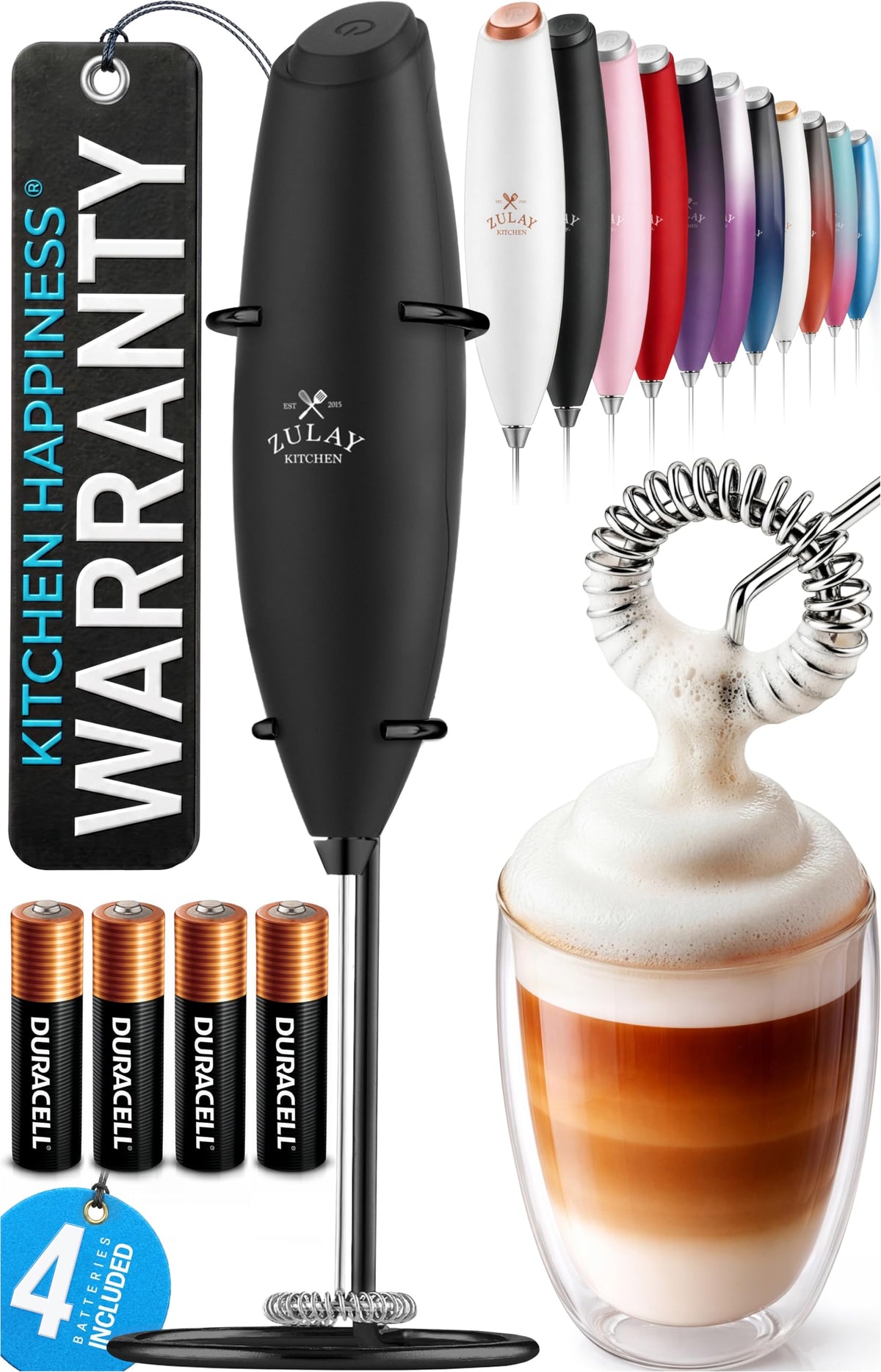 Zulay Kitchen Rechargeable Milk Frother Handheld - Frother Wand, Drink Mixer, Electric Whisk Frother, for Cappuccinos, Matcha & Protein Powder - Lux 4 Whisk 2 Speed Waterproof 2000mAh Alpha Black