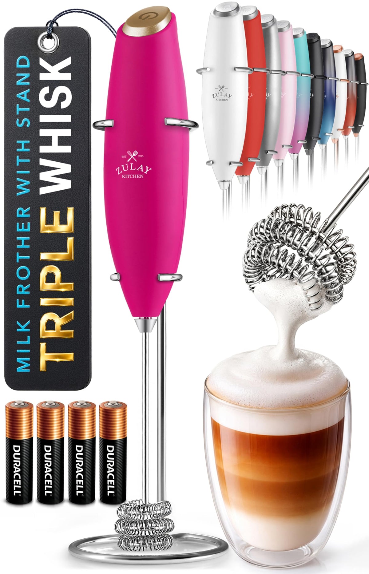 Zulay Kitchen Rechargeable Milk Frother Handheld - Frother Wand, Drink Mixer, Electric Whisk Frother, for Cappuccinos, Matcha & Protein Powder - Lux 4 Whisk 2 Speed Waterproof 2000mAh Alpha Black