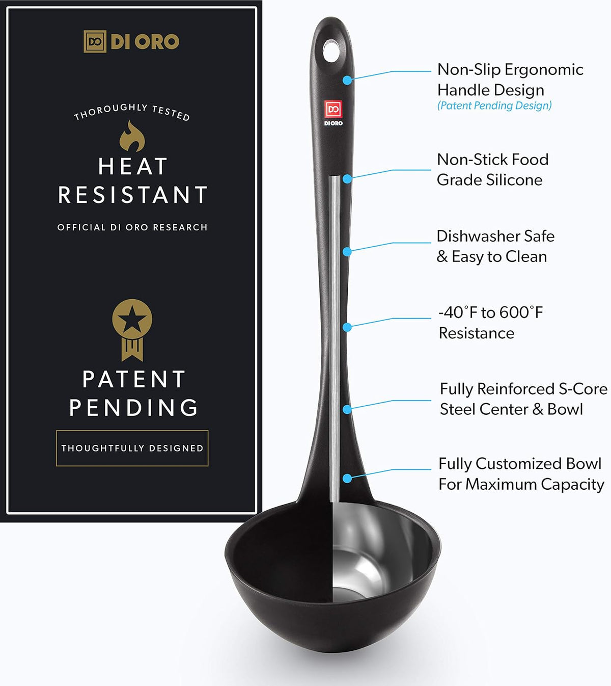 DI ORO Silicone Ladle - Soup & Serving, 600F Heat Resistant, Black