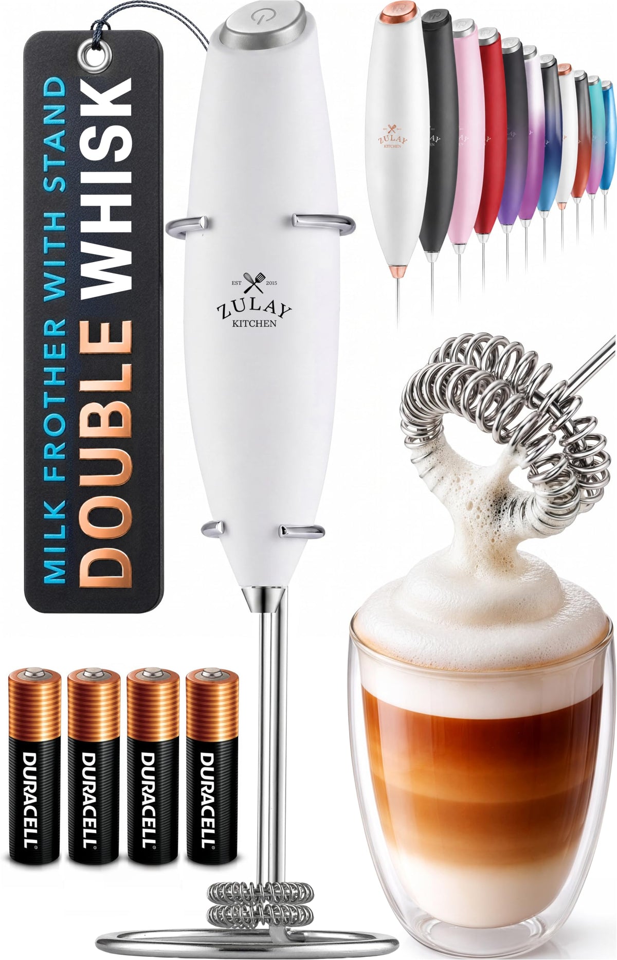 Zulay Kitchen Rechargeable Milk Frother Handheld - Frother Wand, Drink Mixer, Electric Whisk Frother, for Cappuccinos, Matcha & Protein Powder - Lux 4 Whisk 2 Speed Waterproof 2000mAh Alpha Black