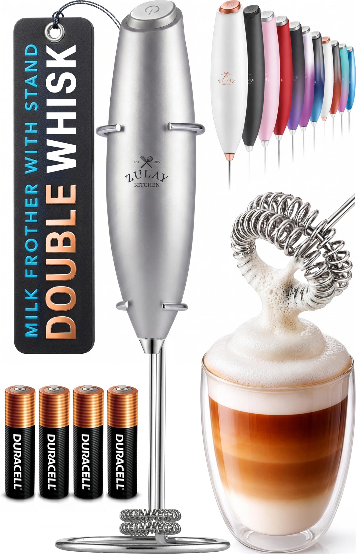 Zulay Kitchen Rechargeable Milk Frother Handheld - Frother Wand, Drink Mixer, Electric Whisk Frother, for Cappuccinos, Matcha & Protein Powder - Lux 4 Whisk 2 Speed Waterproof 2000mAh Alpha Black