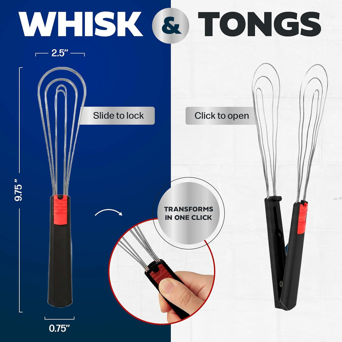 Flat Whisk and Tongs for Cooking – Multipurpose Kitchen Tool for Beating Eggs, Salad Tongs, BBQ, Whisks for Cooking, Easy Whisk, Hand Whisk (Black)