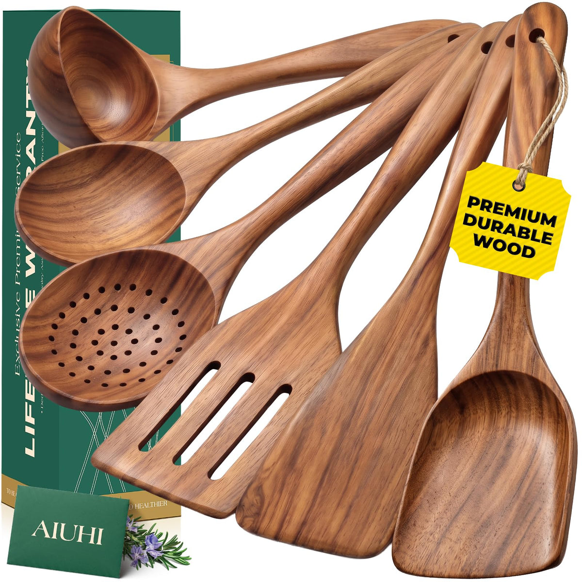 AIUHI 11-Piece Natural Teak Wood Kitchen Utensil Set with Holder, Wooden Spoons and Cooking Utensils for Nonstick Cookware, Includes Spatulas, Ladle and Whisk