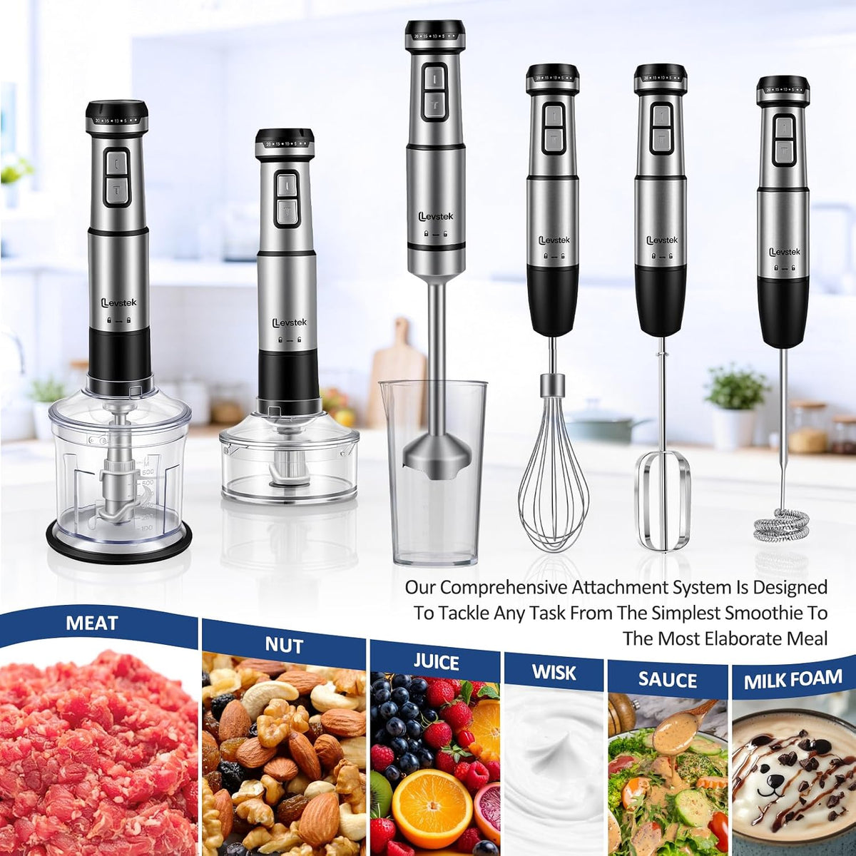 Immersion Hand Blender Set, 1200W 20-Speed Stainless Steel Stick Blender with 7 Accessories, 500ml & 200ml Chopper Cups, Milk Frother, Egg Beater, for Smoothies, Soups Kitchen Essential