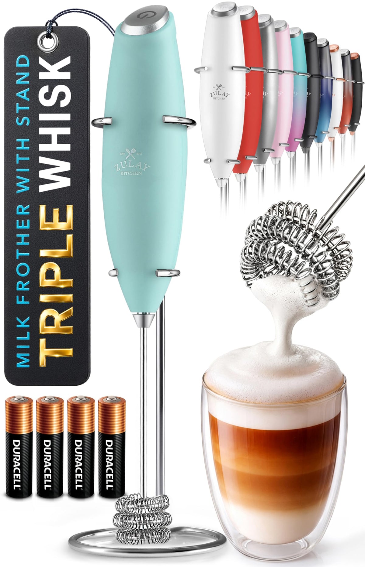 Zulay Kitchen Rechargeable Milk Frother Handheld - Frother Wand, Drink Mixer, Electric Whisk Frother, for Cappuccinos, Matcha & Protein Powder - Lux 4 Whisk 2 Speed Waterproof 2000mAh Alpha Black