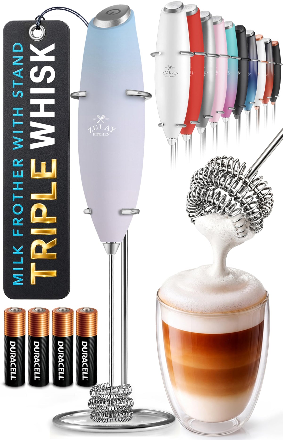 Zulay Kitchen Rechargeable Milk Frother Handheld - Frother Wand, Drink Mixer, Electric Whisk Frother, for Cappuccinos, Matcha & Protein Powder - Lux 4 Whisk 2 Speed Waterproof 2000mAh Alpha Black