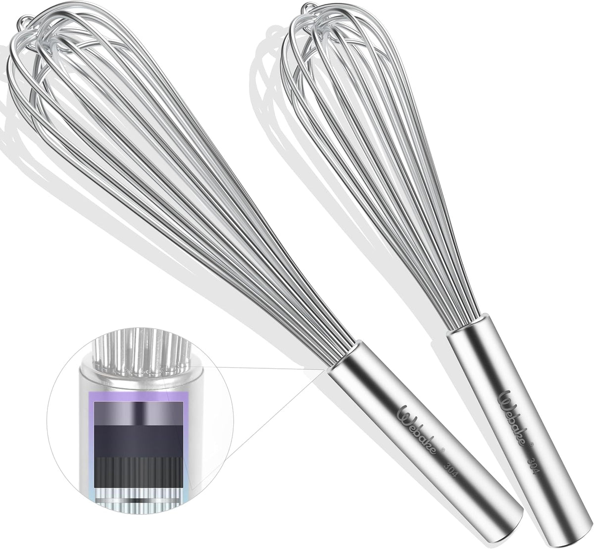 Webake 17 Inch & 14 Inch Commercial Whisk Set of 2, 304 Stainless Steel Large Whisk, Extra-Thick 2.5mm Wires, Professional Kitchen Tool for Mixing, Beating, Blending