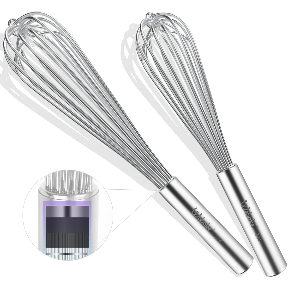 Webake 17 Inch & 14 Inch Commercial Whisk Set of 2, 304 Stainless Steel Large Whisk, Extra-Thick 2.5mm Wires, Professional Kitchen Tool for Mixing, Beating, Blending
