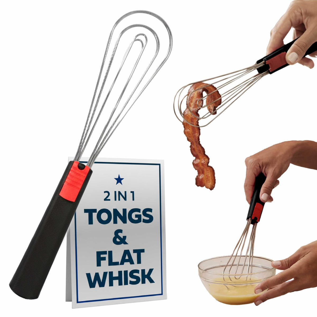 Flat Whisk and Tongs for Cooking – Multipurpose Kitchen Tool for Beating Eggs, Salad Tongs, BBQ, Whisks for Cooking, Easy Whisk, Hand Whisk (Black)