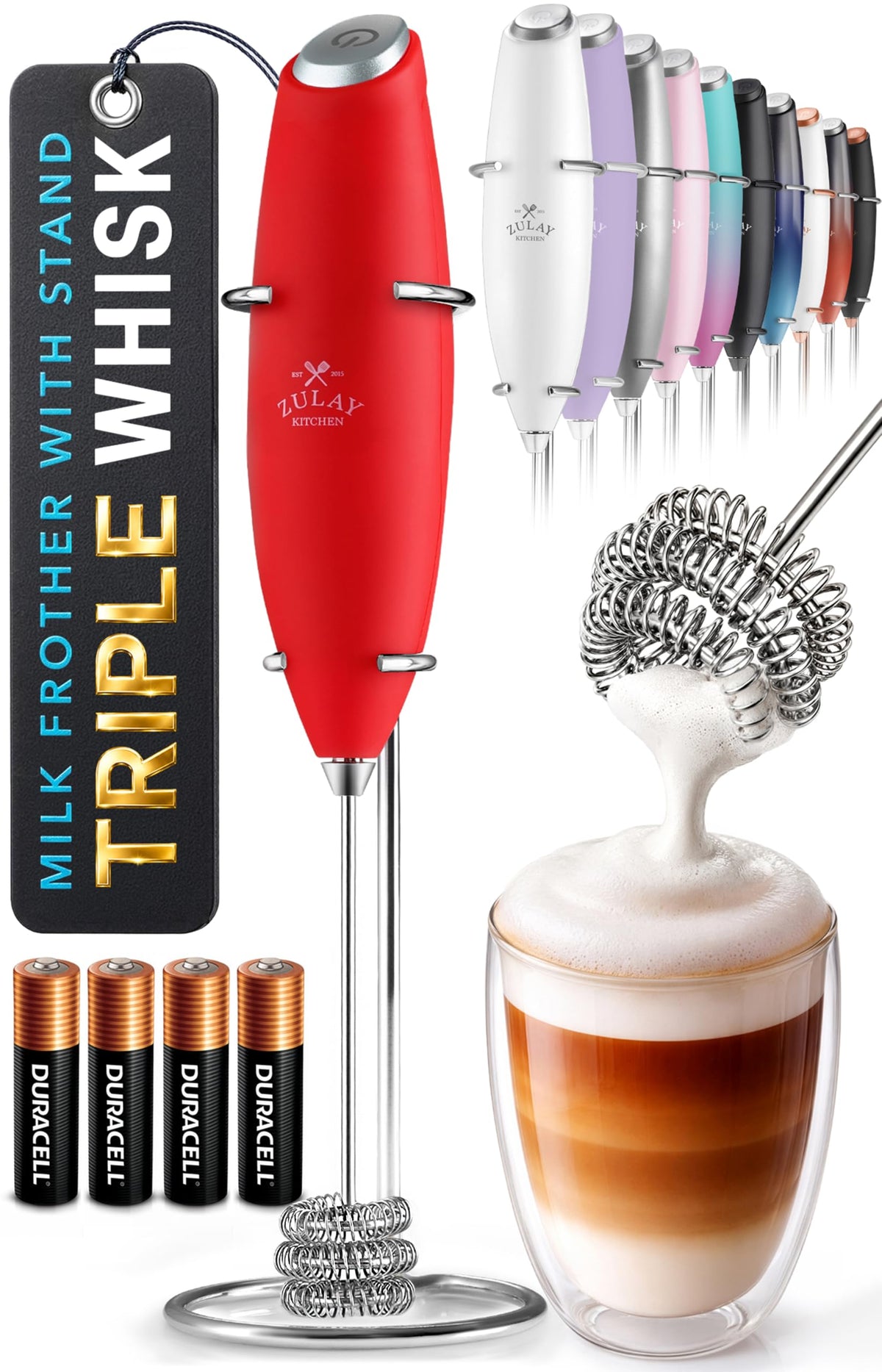 Zulay Kitchen Rechargeable Milk Frother Handheld - Frother Wand, Drink Mixer, Electric Whisk Frother, for Cappuccinos, Matcha & Protein Powder - Lux 4 Whisk 2 Speed Waterproof 2000mAh Alpha Black