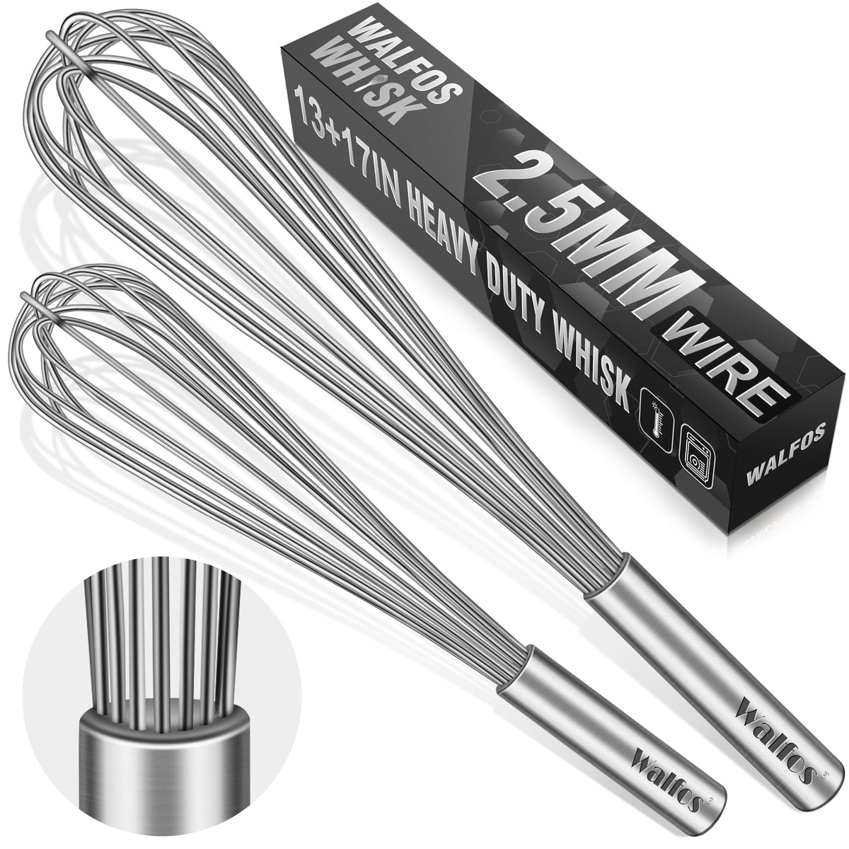Walfos Whisk,304 Stainless Steel whisk,No-Rust 7+9+11inch Whisks for cooking Nice for Blending,Whisking,Beating.Heat resistant 600°F Dishwasher Safe. Heavy duty kitchen whisk.SILVER