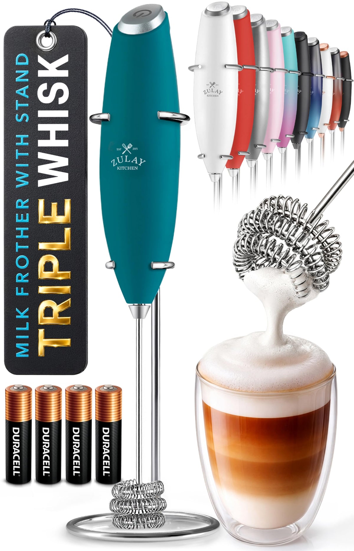 Zulay Kitchen Rechargeable Milk Frother Handheld - Frother Wand, Drink Mixer, Electric Whisk Frother, for Cappuccinos, Matcha & Protein Powder - Lux 4 Whisk 2 Speed Waterproof 2000mAh Alpha Black