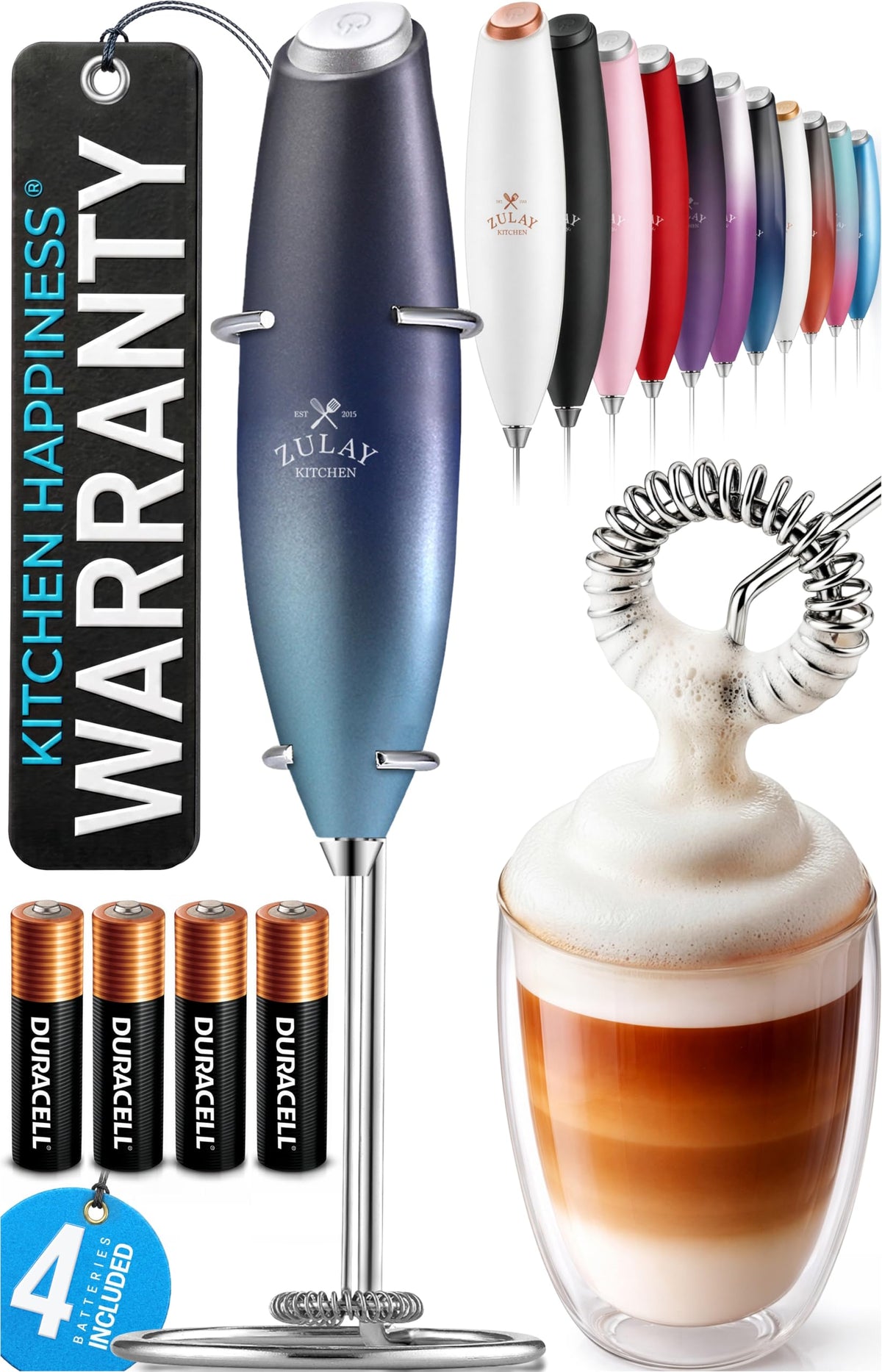 Zulay Kitchen Powerful Milk Frother Wand With Duracell Batteries - Ultra Fast Handheld Drink Mixer - Electric Whisk Foam Maker for Coffee, Lattes, Cappuccino & Matcha - Z1 Motor - Black