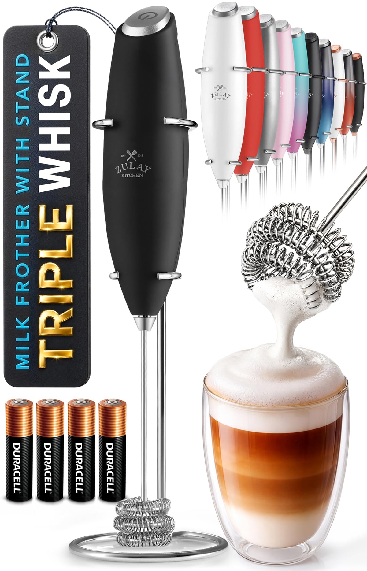 Zulay Kitchen Rechargeable Milk Frother Handheld - Frother Wand, Drink Mixer, Electric Whisk Frother, for Cappuccinos, Matcha & Protein Powder - Lux 4 Whisk 2 Speed Waterproof 2000mAh Alpha Black