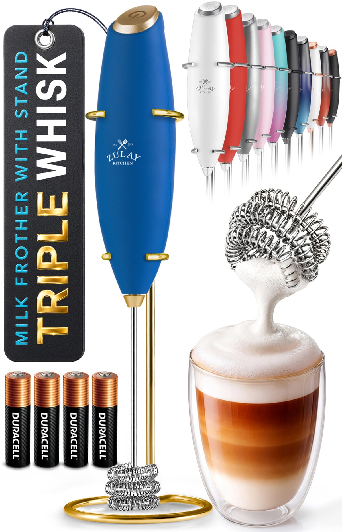Zulay Kitchen Rechargeable Milk Frother Handheld - Frother Wand, Drink Mixer, Electric Whisk Frother, for Cappuccinos, Matcha & Protein Powder - Lux 4 Whisk 2 Speed Waterproof 2000mAh Alpha Black