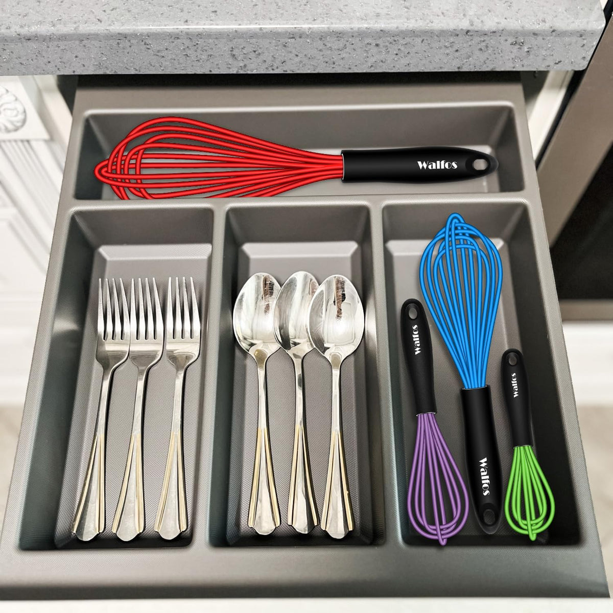 Walfos Whisk, Silicone Whisk Heat Resistant (480°F) Kitchen Whisks Set of 4- Professional Whisks For Cooking Non Scratch, Balloon Egg Whisk Perfect for Frothing, Blending, Beating