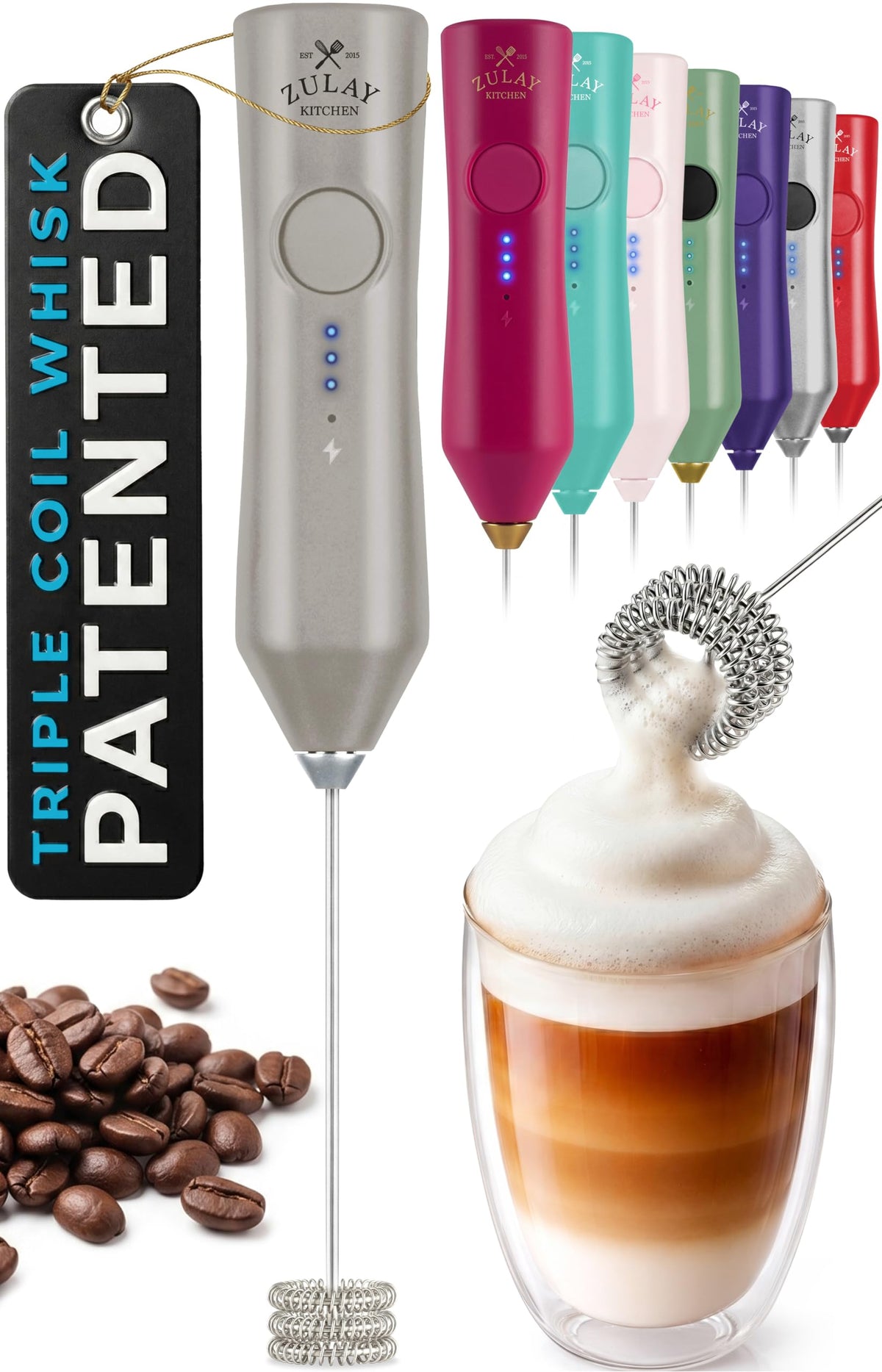 Zulay Kitchen Rechargeable Milk Frother Handheld - Frother Wand, Drink Mixer, Electric Whisk Frother, for Cappuccinos, Matcha & Protein Powder - Lux 4 Whisk 2 Speed Waterproof 2000mAh Alpha Black