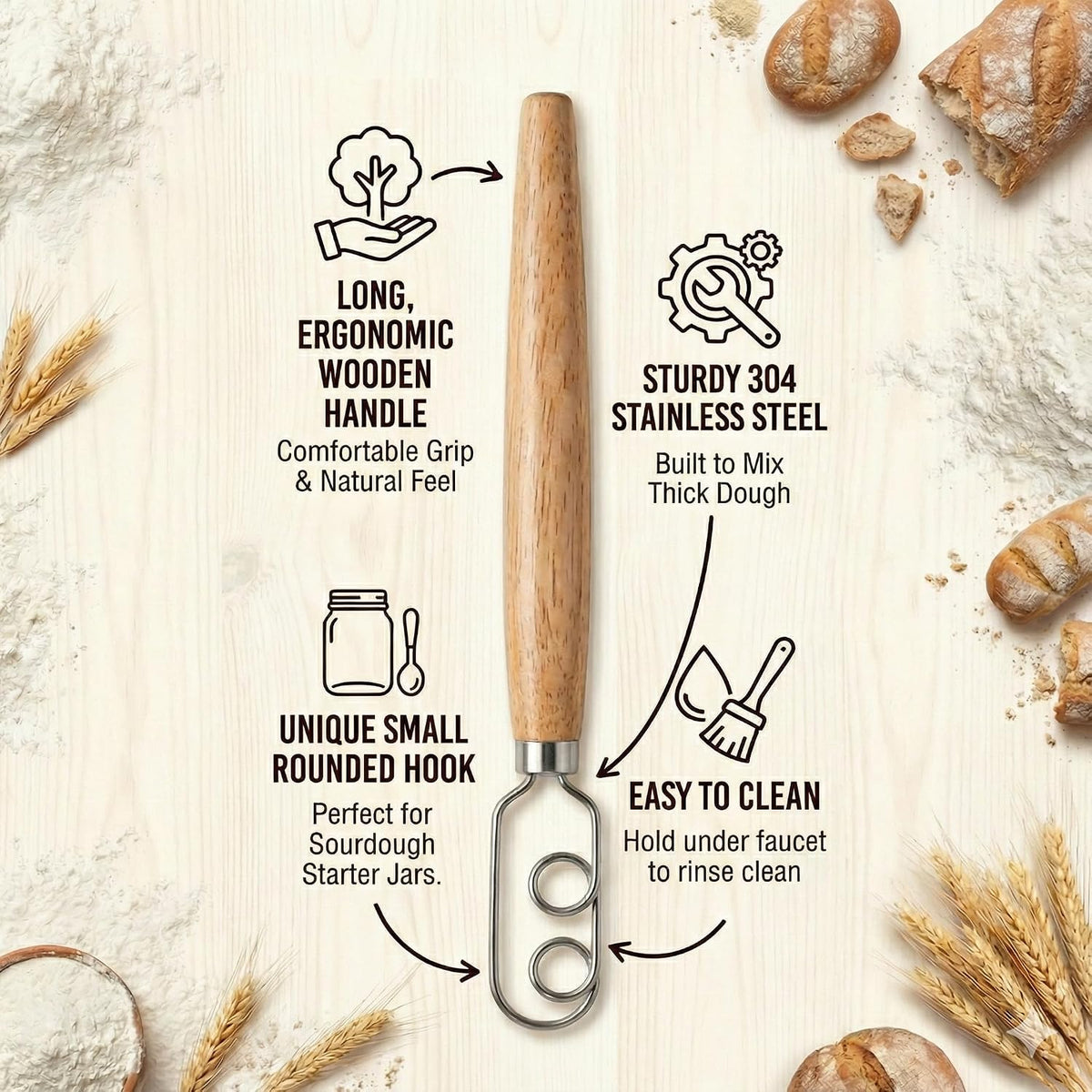 Sourdough Starter Stirring Hook and Danish Dough Whisk | Small Size to Fit in Jars | Improve the Mixing Standard Of Your Starter For Better Baking Results | New England Sourdough Starter Co.