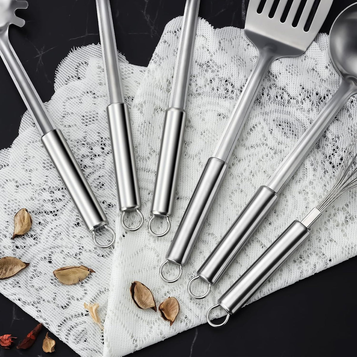 6-Piece Kitchen Cooking Utensils Set, Stainless Steel Kitchen Utensils with Suspendable Handle, Spatula, Slotted Turner, Soup Ladle, Slotted Spoon, Whisk, Pasta Server, Dishwasher Safe
