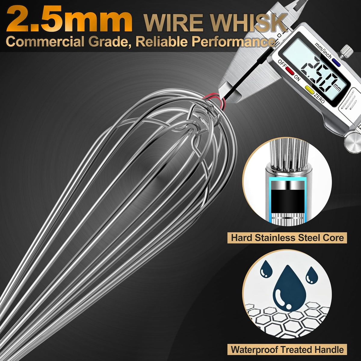 Webake 17 Inch & 14 Inch Commercial Whisk Set of 2, 304 Stainless Steel Large Whisk, Extra-Thick 2.5mm Wires, Professional Kitchen Tool for Mixing, Beating, Blending