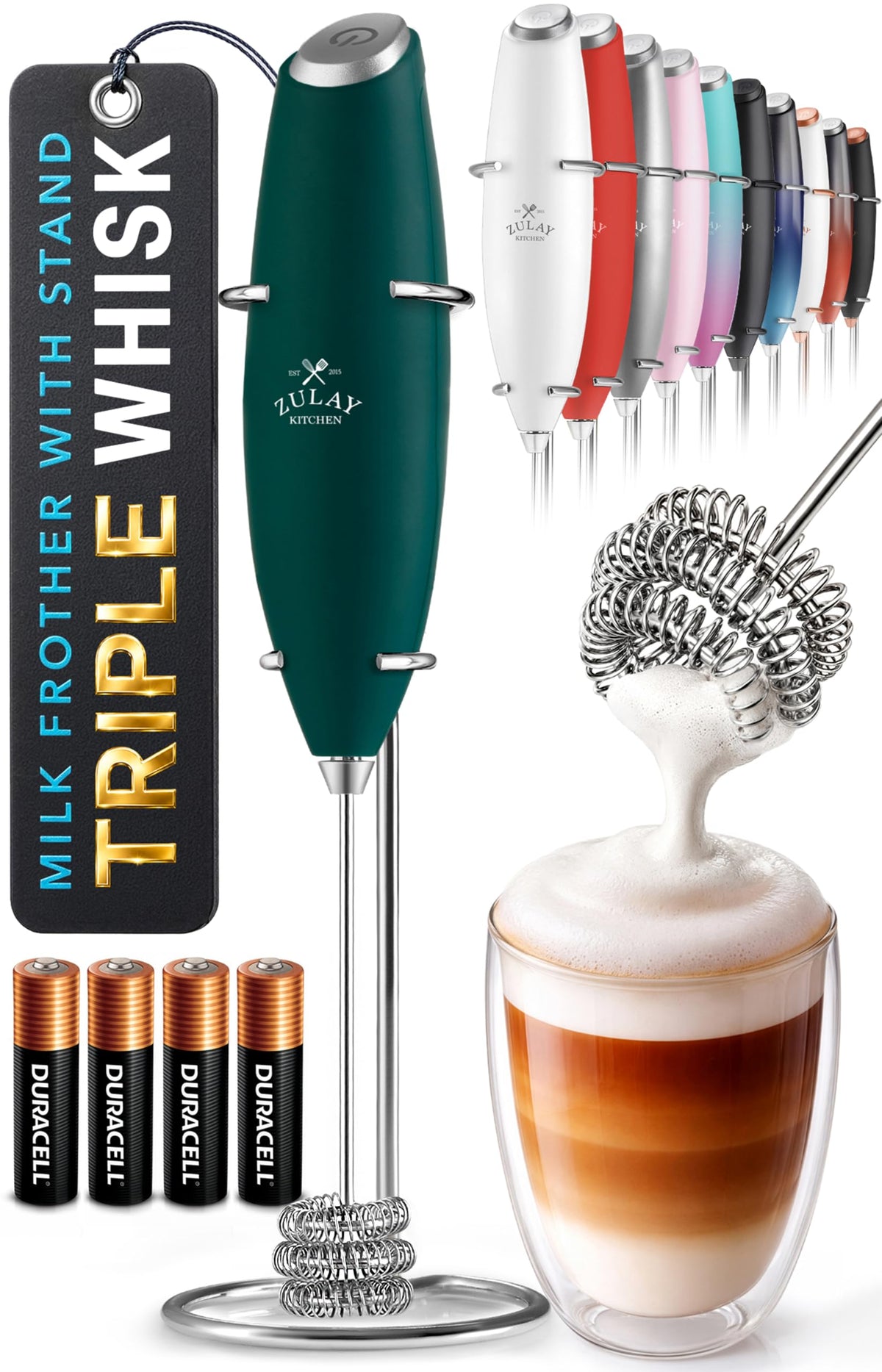 Zulay Kitchen Rechargeable Milk Frother Handheld - Frother Wand, Drink Mixer, Electric Whisk Frother, for Cappuccinos, Matcha & Protein Powder - Lux 4 Whisk 2 Speed Waterproof 2000mAh Alpha Black