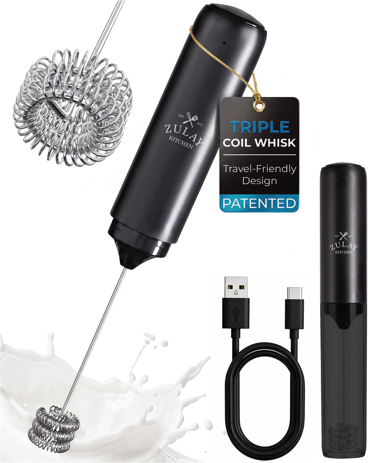 Zulay Kitchen Rechargeable Milk Frother Handheld - Frother Wand, Drink Mixer, Electric Whisk Frother, for Cappuccinos, Matcha & Protein Powder - Lux 4 Whisk 2 Speed Waterproof 2000mAh Alpha Black