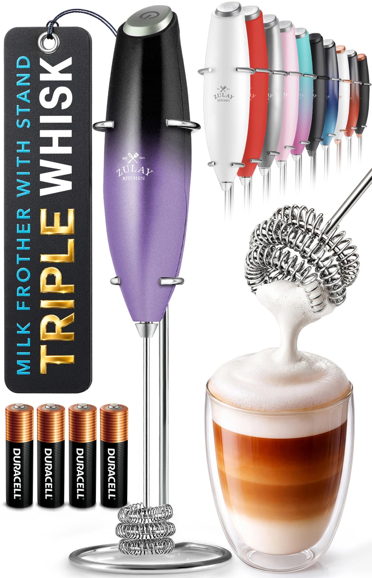 Zulay Kitchen Rechargeable Milk Frother Handheld - Frother Wand, Drink Mixer, Electric Whisk Frother, for Cappuccinos, Matcha & Protein Powder - Lux 4 Whisk 2 Speed Waterproof 2000mAh Alpha Black