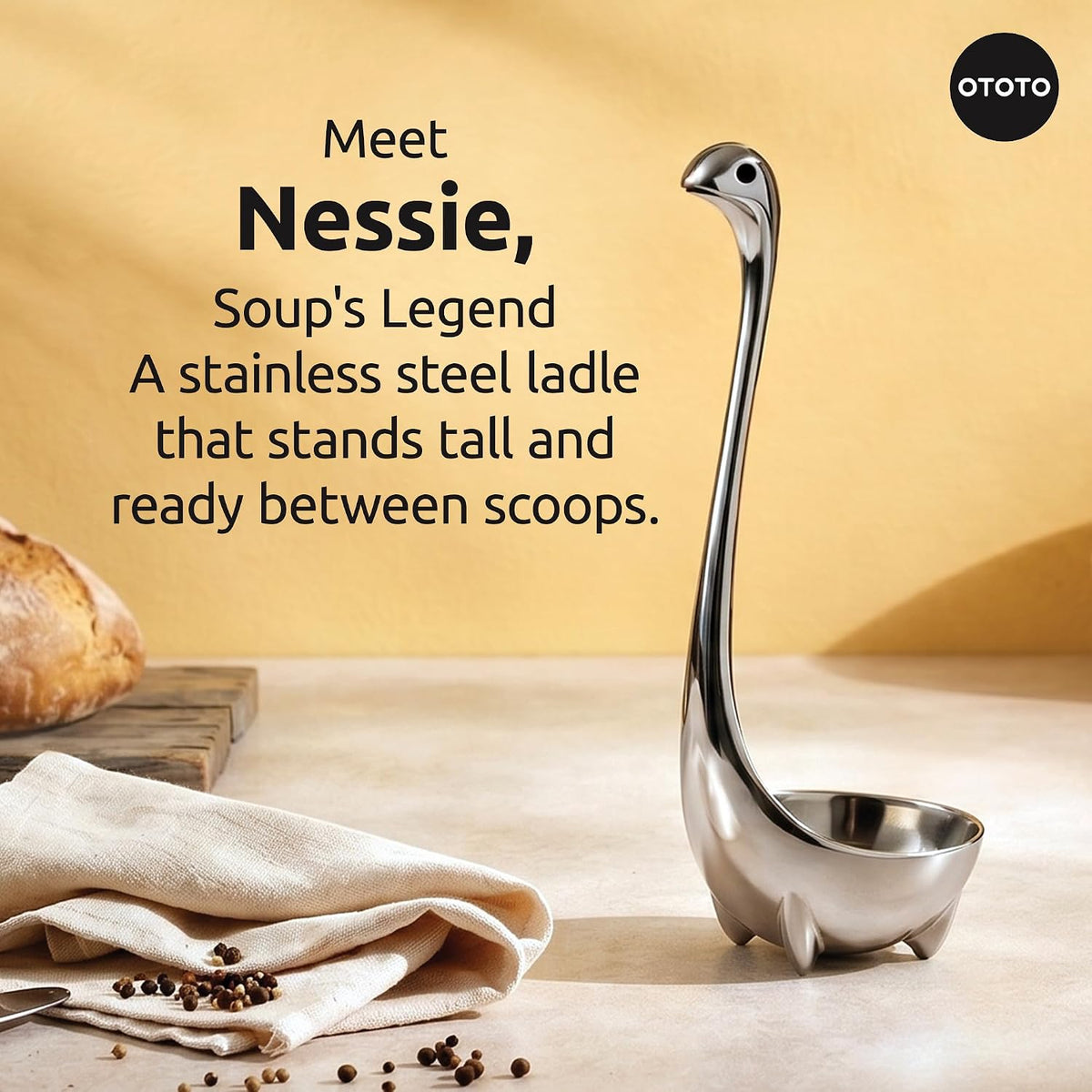 OTOTO The Original Nessie Stainless Steel Ladle - Soup Ladle, Cute Gifts, Funny Kitchen Gadgets, Loch Ness design, Cooking Gifts, BPA Free