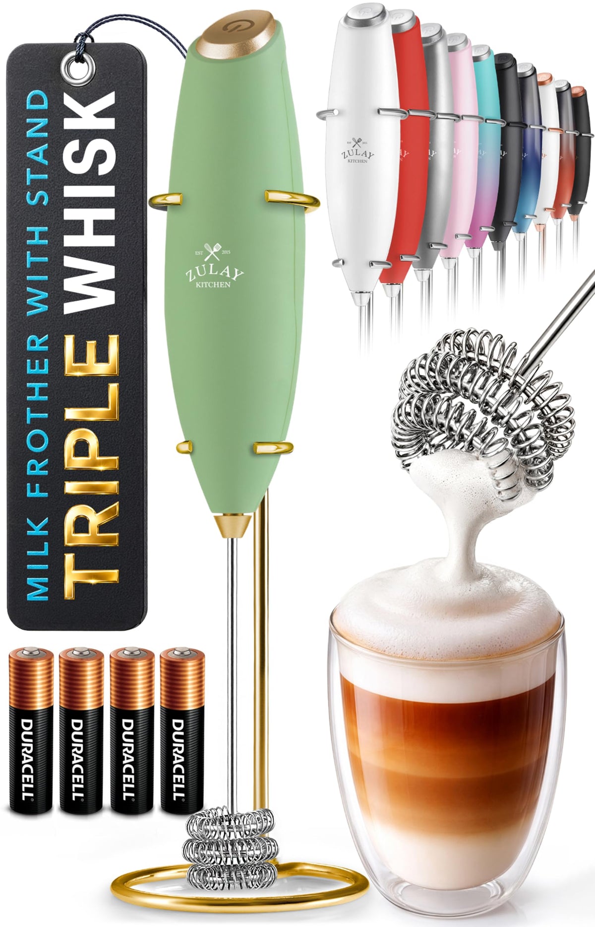 Zulay Kitchen Rechargeable Milk Frother Handheld - Frother Wand, Drink Mixer, Electric Whisk Frother, for Cappuccinos, Matcha & Protein Powder - Lux 4 Whisk 2 Speed Waterproof 2000mAh Alpha Black