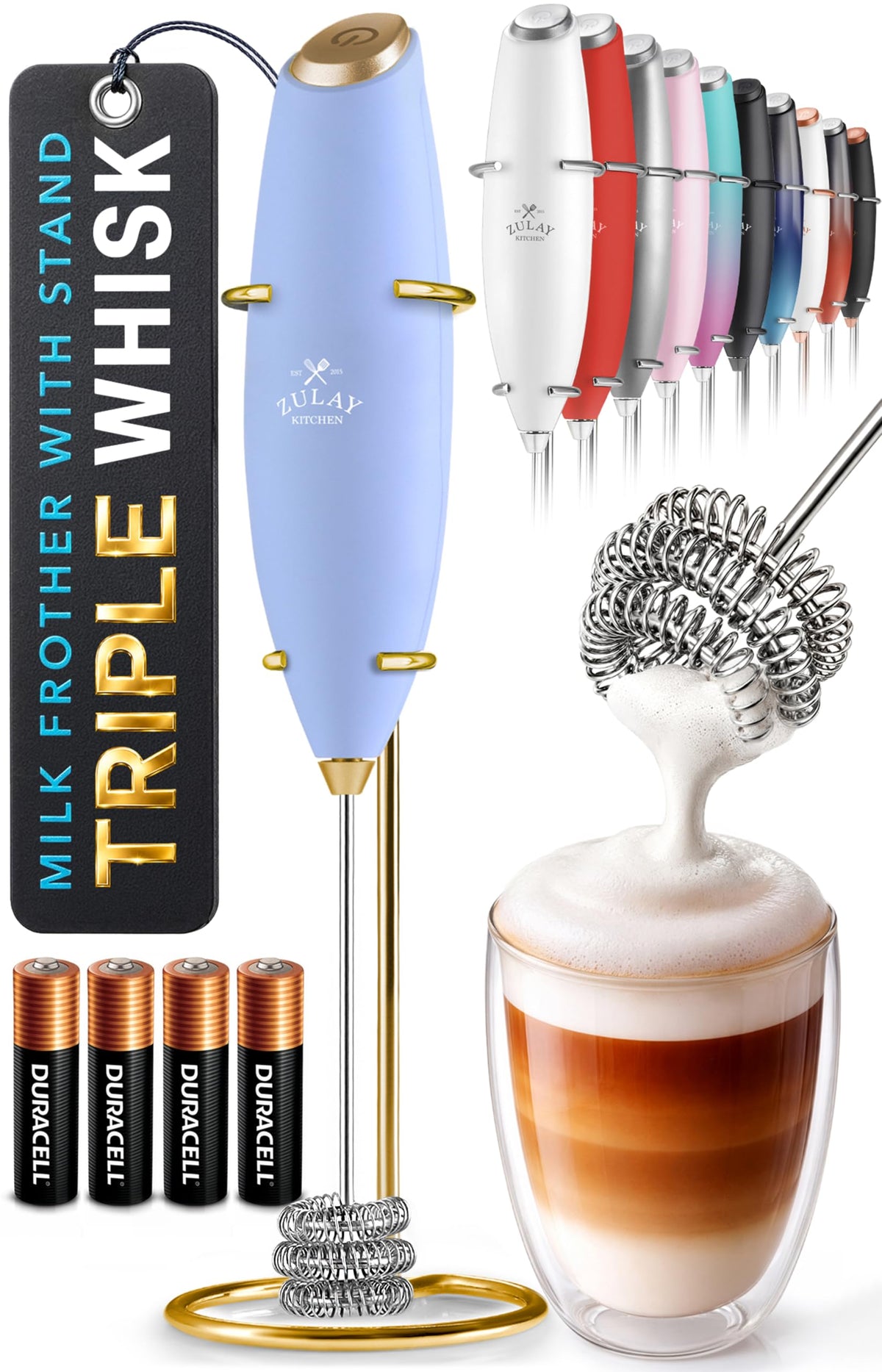 Zulay Kitchen Rechargeable Milk Frother Handheld - Frother Wand, Drink Mixer, Electric Whisk Frother, for Cappuccinos, Matcha & Protein Powder - Lux 4 Whisk 2 Speed Waterproof 2000mAh Alpha Black
