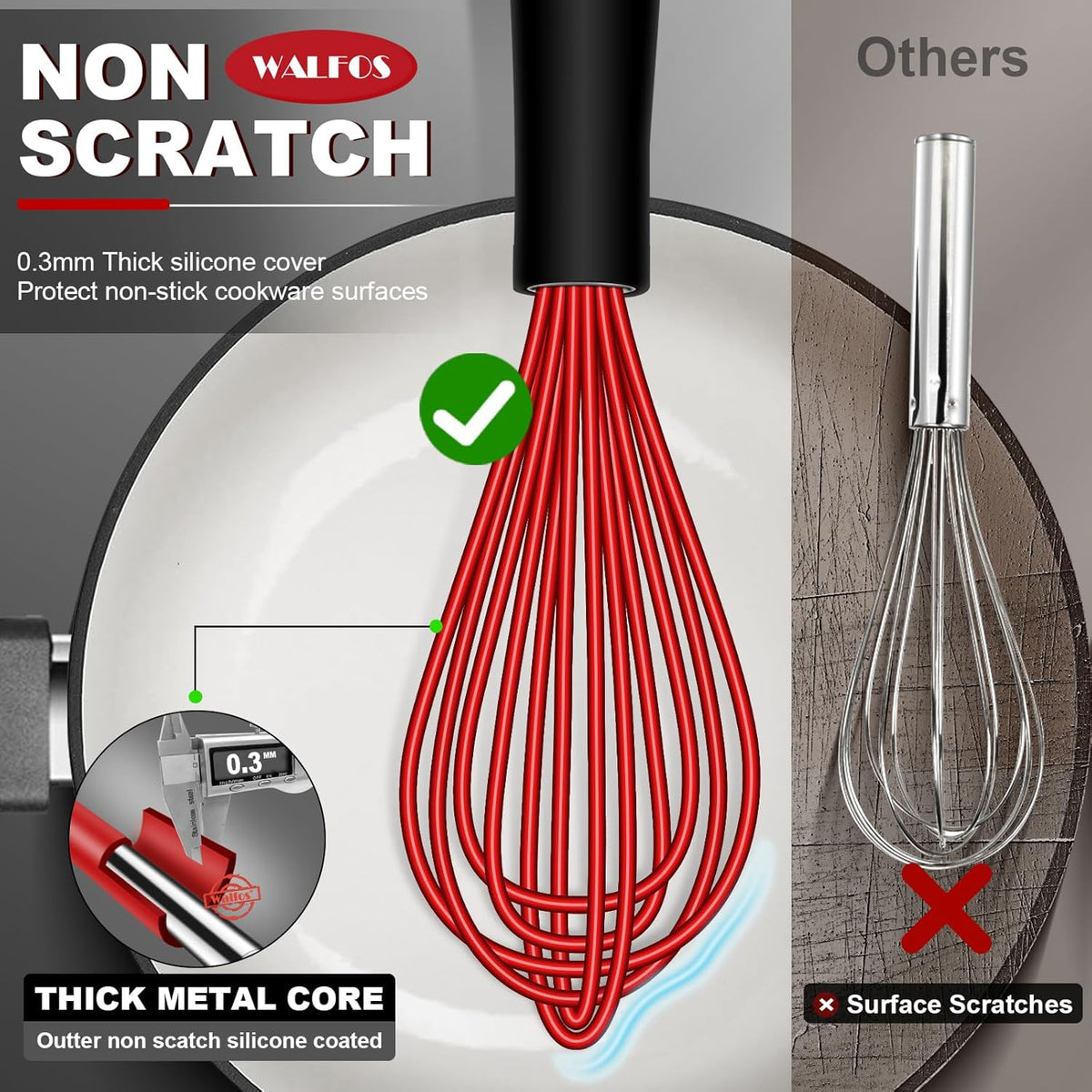 Walfos Whisk, Silicone Whisk Heat Resistant (480°F) Kitchen Whisks Set of 4- Professional Whisks For Cooking Non Scratch, Balloon Egg Whisk Perfect for Frothing, Blending, Beating