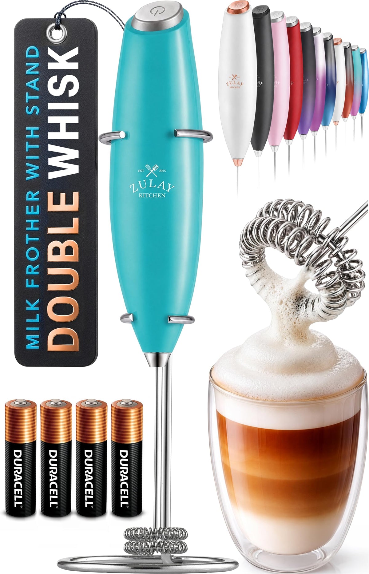 Zulay Kitchen Rechargeable Milk Frother Handheld - Frother Wand, Drink Mixer, Electric Whisk Frother, for Cappuccinos, Matcha & Protein Powder - Lux 4 Whisk 2 Speed Waterproof 2000mAh Alpha Black