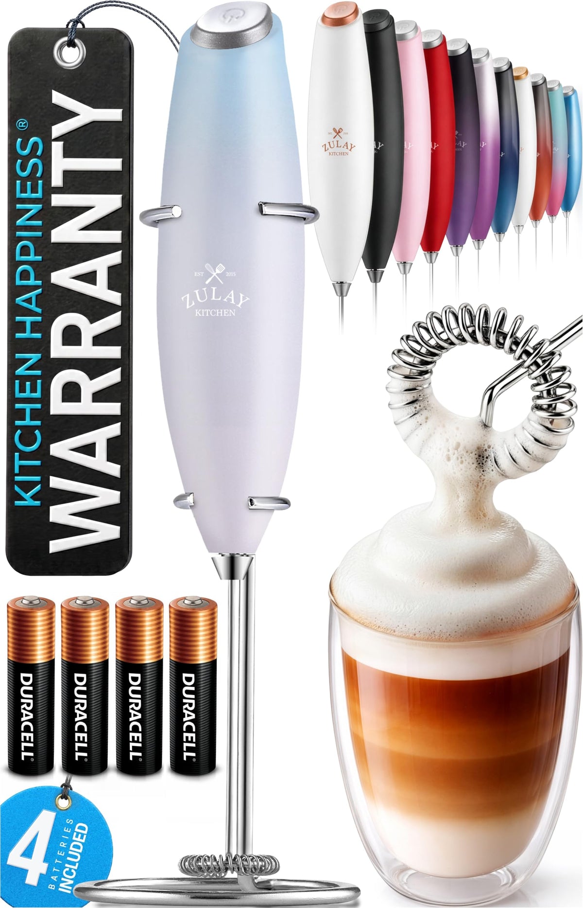 Zulay Kitchen Rechargeable Milk Frother Handheld - Frother Wand, Drink Mixer, Electric Whisk Frother, for Cappuccinos, Matcha & Protein Powder - Lux 4 Whisk 2 Speed Waterproof 2000mAh Alpha Black