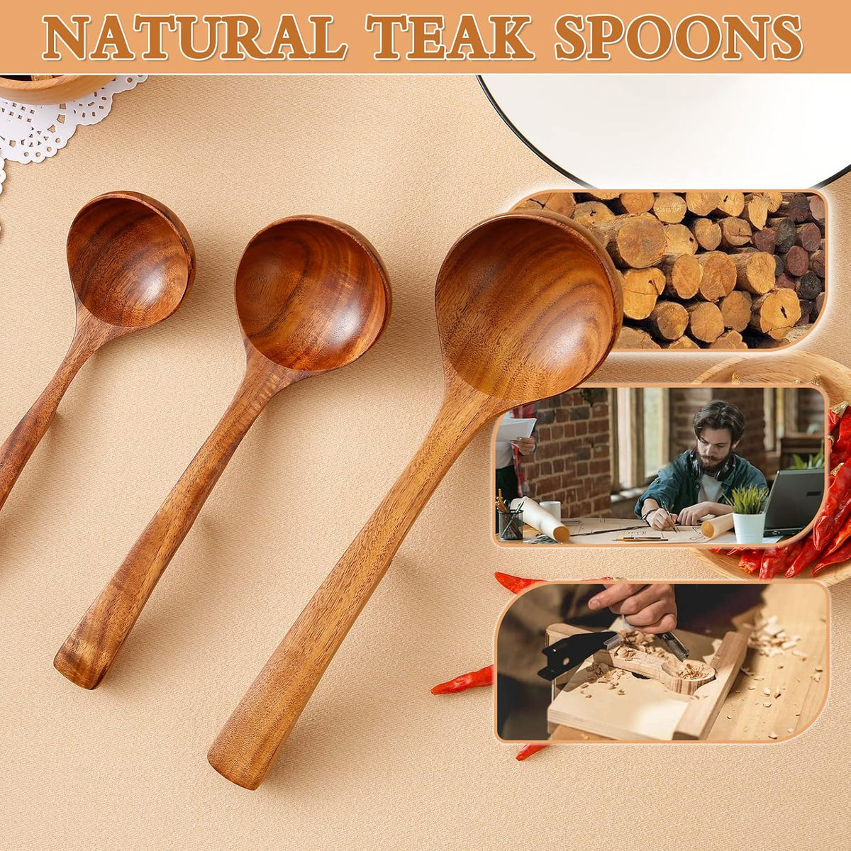 3Pcs Wooden Ladle for Soup, 3Size Natural Teak Wooden Cooking Spoons, Wood Soup Spoon for Serving, Stirring, Non-Stick Heat-Resistant, Kitchen Spoon Sets for Mom and Wife Cooking Gifts