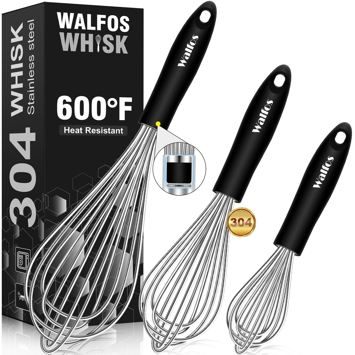 Walfos Silicone Whisk,Stainless Steel Wire Whisk Set of 3 -Heat Resistant 480°F Kitchen Whisks for Non-stick Cookware,Balloon Egg Beater Perfect for Blending,Whisking,Beating,Frothing & Stirring,Black