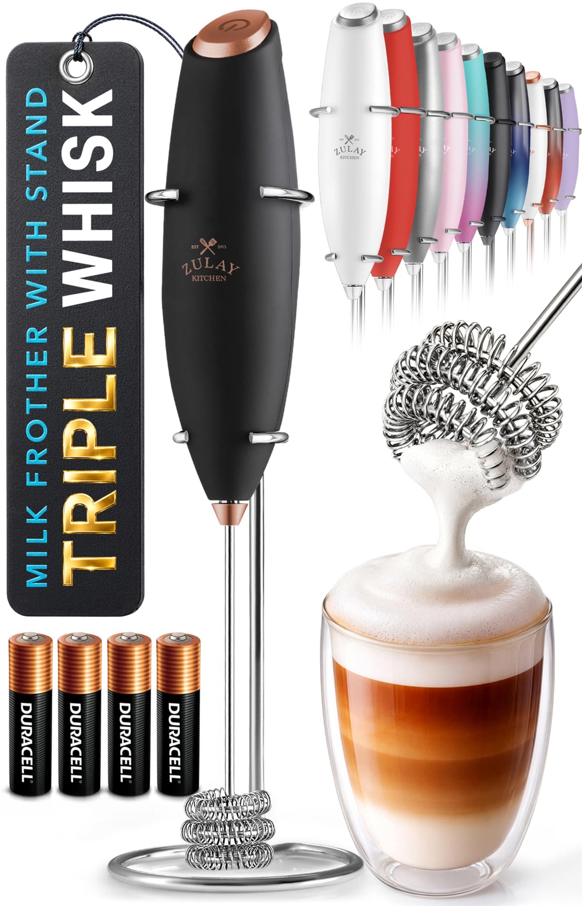 Zulay Kitchen Rechargeable Milk Frother Handheld - Frother Wand, Drink Mixer, Electric Whisk Frother, for Cappuccinos, Matcha & Protein Powder - Lux 4 Whisk 2 Speed Waterproof 2000mAh Alpha Black
