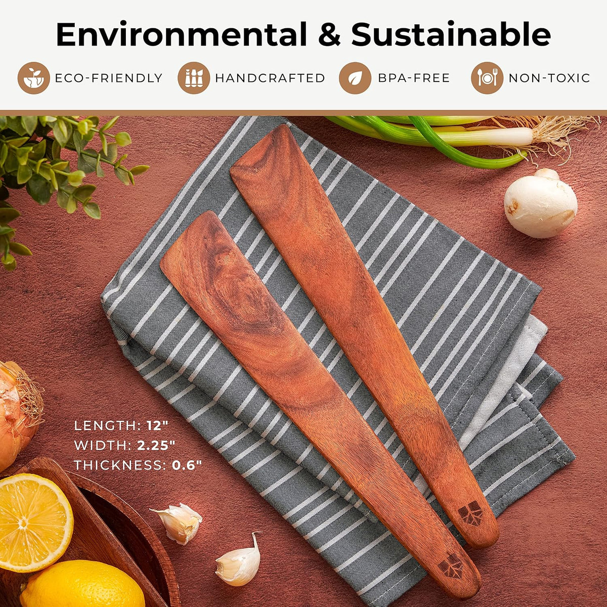 Wooden Spatula for Cooking, Flat Teak 12" Turner, Sturdy & Easy to Clean